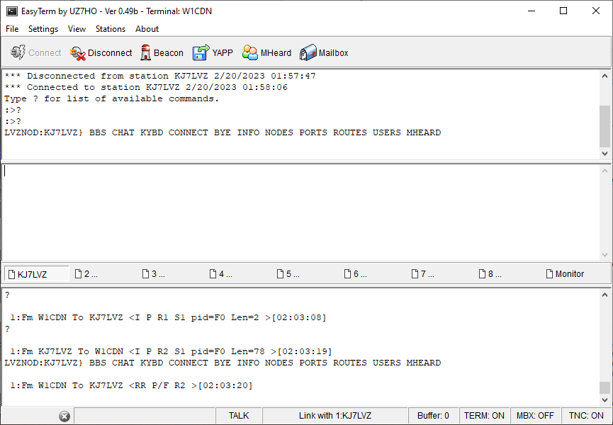 Screenshot of sending "?" to a BBS.