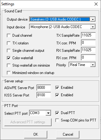 Screenshot of the Devices settings window in soundmodem.exe.