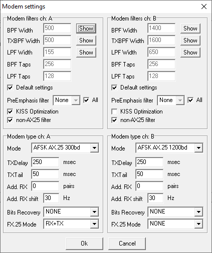 Screenshot of the soundmodem.exe "Modem settings" window.