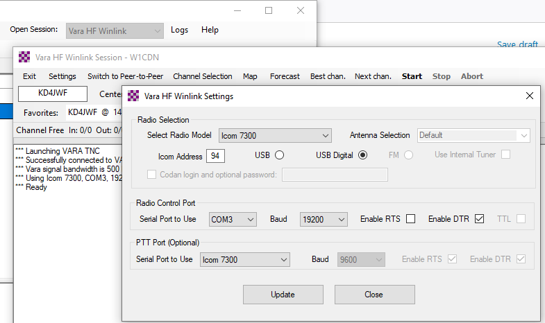 Screenshot of "Vara HF Winlink Settings" showing "Enable RTS" is unchecked.