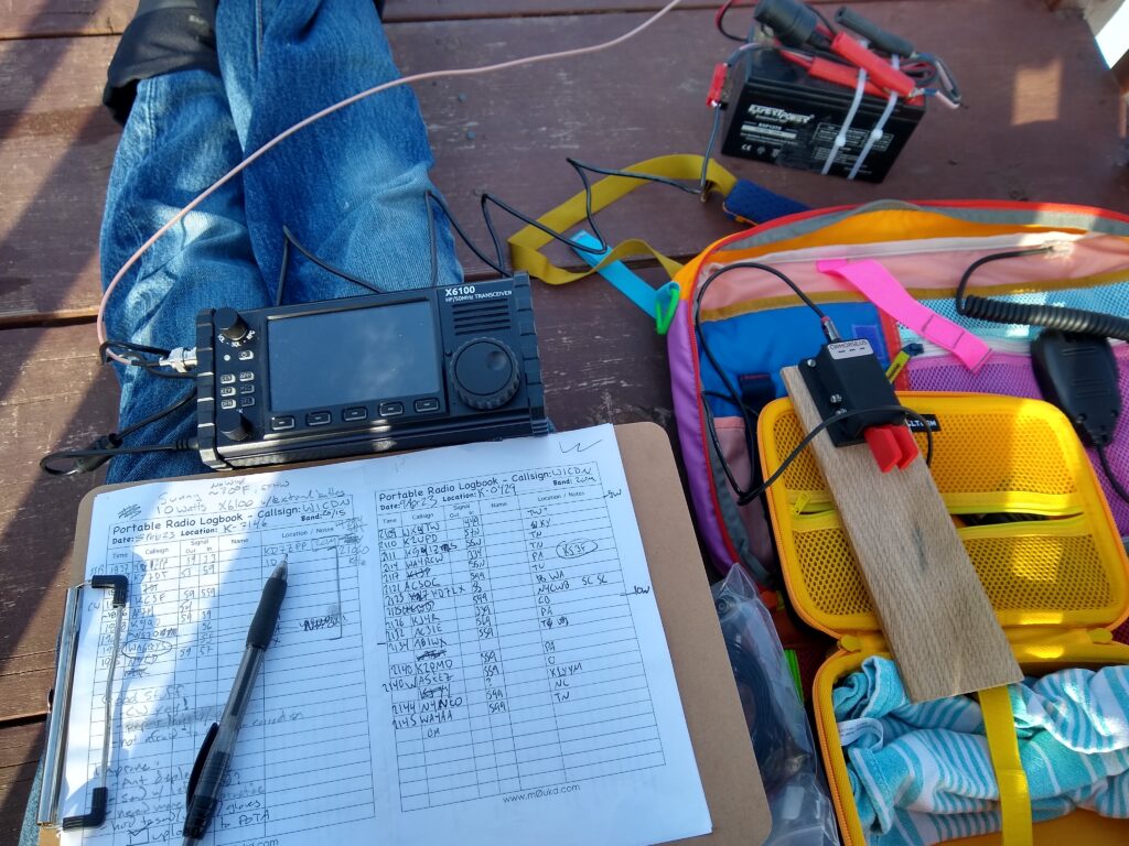 Photo of a clipboard, radio, CW key, bag, external battery.