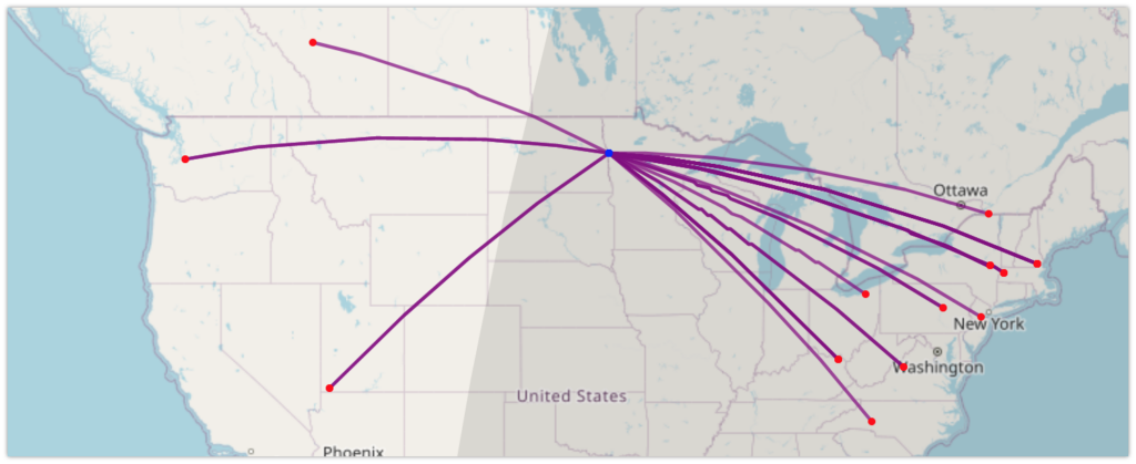 Screenshot of the map from Reverse BEacon Network, showing my QTH (very close to where I was operating from) and lines reaching Alberta, WA, UT, NC, VA, NY, MA, etc.)