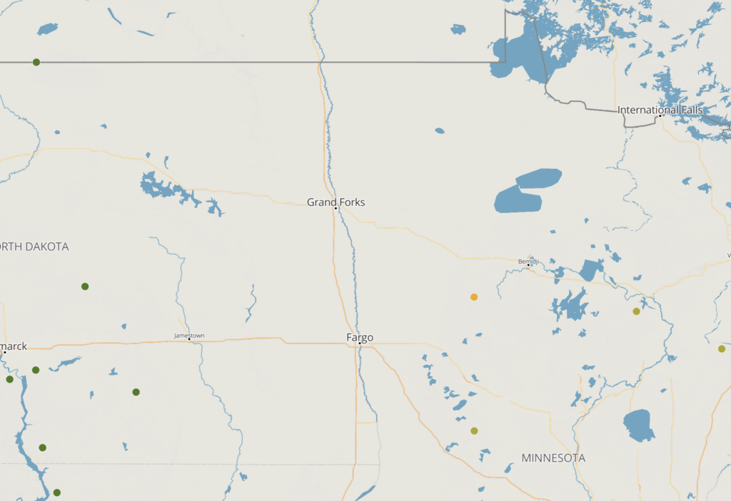 Screenshot from sotl.as showing the nearest SOTA summits to the Minnesota/North Dakota border. Not much to choose from.