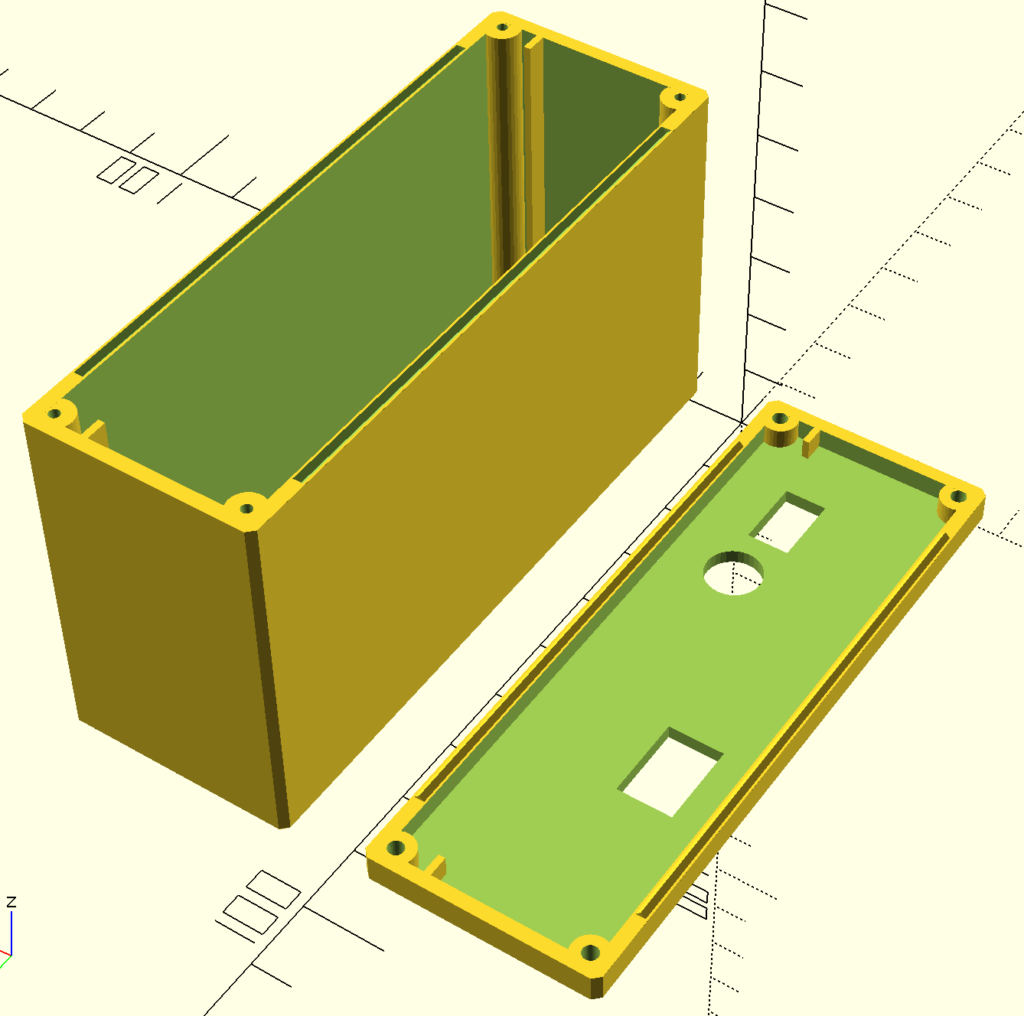 OpenSCAD screenshot showing a simple box that a PCB can be slid into.