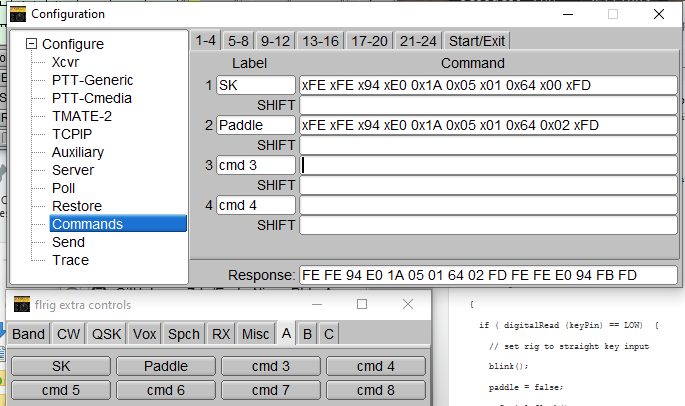 Screenshot of flrig "Configuration" and "flrig extra controls" windows, showing two commands--SK and Paddle--and the associated CI-V strings to make them happen.